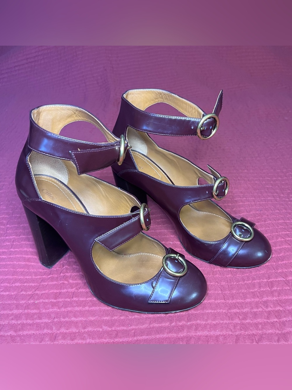 Chloé Janis Burgundy Leather Triple Strap Buckle Mary Jane Pumps 8.5